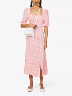 Nobody’s Child Rosie Pink Floral Midi Dress with Puff Sleeves